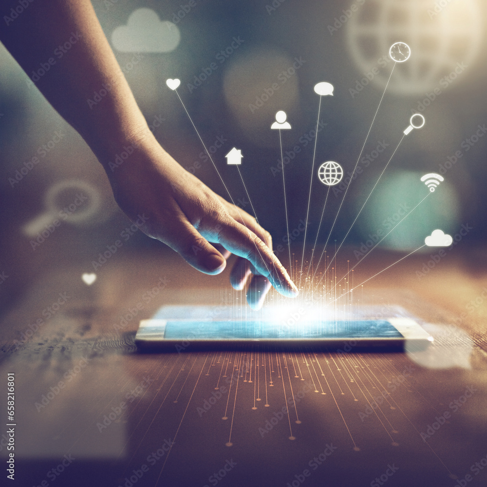 Poster Holographic icons, tablet and person hands on screen for 3d application, social media network and connectivity. User typing or press digital technology for software experience or internet integration
