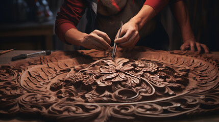 Capture the hands of a skilled artisan meticulously carving a stunning wooden masterpiece. Highlight the intricate details of craftsmanship and the transformative power of creativity.