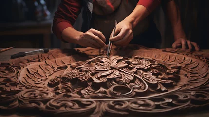 Deurstickers Capture the hands of a skilled artisan meticulously carving a stunning wooden masterpiece. Highlight the intricate details of craftsmanship and the transformative power of creativity. © CanvasPixelDreams