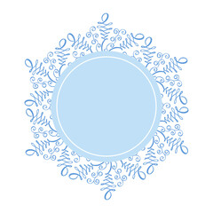 Round Christmas winter decorative snowflake round frame with empty blue center, decorated for greeting card, invitation, web design