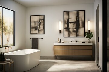 Fototapeta na wymiar Modern bathroom with tiled walls, bronze fixtures, blank artwork, and a mockup. Generative AI