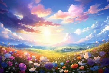 Enchanting spring field with vibrant flowers and colorful anime-style sky, depicted in mesmerizing digital art. Created through 3D rendering. Generative AI