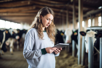 Portrait of young female farmer using digital tablet while standing in cowshed - obrazy, fototapety, plakaty
