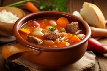 Hearty meat and vegetable soups and stews seasoned with paprika and spices. Generative AI - obrazy, fototapety, plakaty