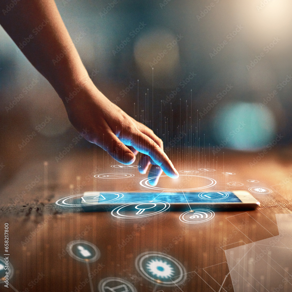 Poster Hands, screen and tablet hologram of icons with 3d application, social media network and integration software. Person press on digital technology for futuristic experience or virtual reality at night