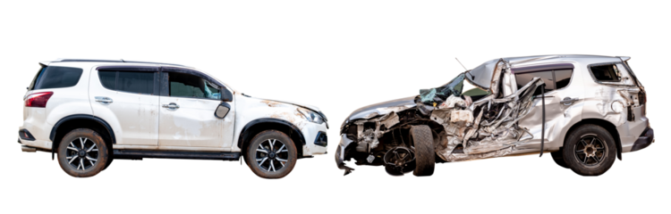 Set of Full body side view of silver bronze car get full damaged by accident on the road. damaged cars after collision. Isolated on transparent background , PNG File.