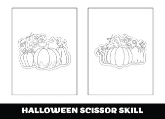 Halloween scissor skill for kids. Halloween scissor skill education coloring page for preschool kids.