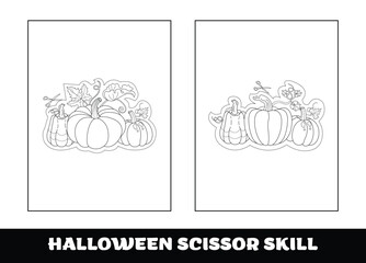 Halloween scissor skill for kids. Halloween scissor skill education coloring page for preschool kids.