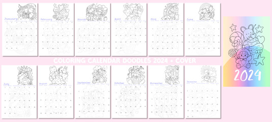 calendar for 2024 Set of doodles calendar monts. coloring posters for children with animal character and cute . Planners for schoolchildren. Cartoon flat vector collection isolated kawaii organizer