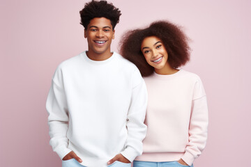 Portrait of a happy young african american couple standing against pink background