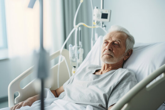 Sick senior patient lying in hospital bed