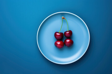 Blue plate with four cherries in minimalist style