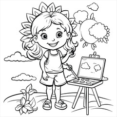 Girl drawing a funny summer picture coloring book pages for kids