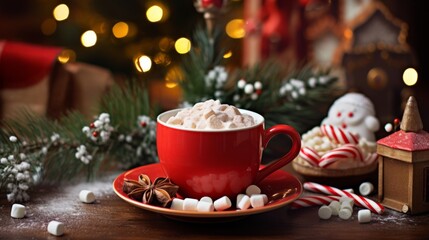 Red cup with hot chocolate or cocoa and marshmallows on a Christmas background with a tree and a...