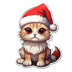 Sticker. Cute kitten in a traditional Christmas outfit. A cat in a Santa Claus costume. Kitty in a Christmas hat. Christmas design. Sticker in the form of a Christmas kitten  - 658219449