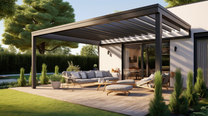 Trendy outdoor patio pergola shade structure, awning and patio roof. - obrazy, fototapety, plakaty
