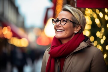 Portrait of smiling middle aged woman in winter coat and eyeglasses on Christmas market