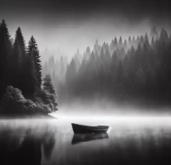 Crédence de cuisine en verre imprimé Matin avec brouillard A boat sitting on top of a lake next to a forest, tranquility, beautiful and mysterious, mystical lake, fog on the lake, AI generated