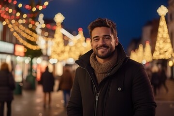 Portrait of a young man in the city at christmas time