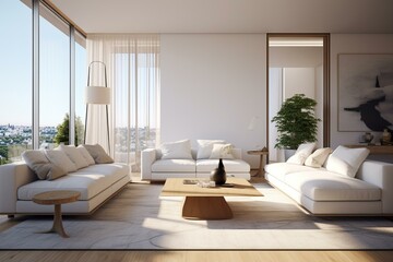Contemporary apartment, comfortable living area, white sofa, chairs, spacious with large window. Digitally rendered. Generative AI