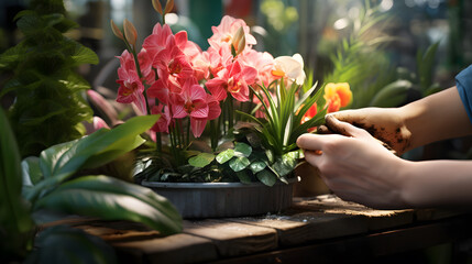 Highlight a gardener's hands delicately tending to vibrant flowers or plants. Showcase the contrast between the gentle touch and the lush, detailed foliage, evoking the beauty of nurturing life.