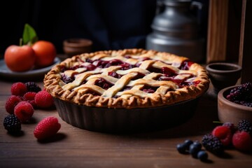 Delicious Raspberry Pie. Generative AI.