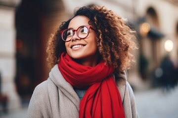 Portrait of young african american woman in red scarf and glasses - obrazy, fototapety, plakaty