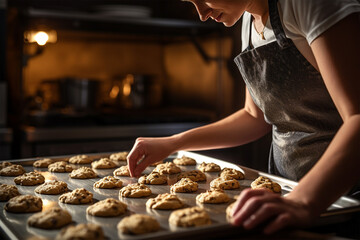 woman baking cookies homemade, fresh tray of cookies, rustic, homemade recipes