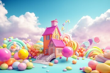 Colorful dreamy candy house and landscape. Generative AI - obrazy, fototapety, plakaty