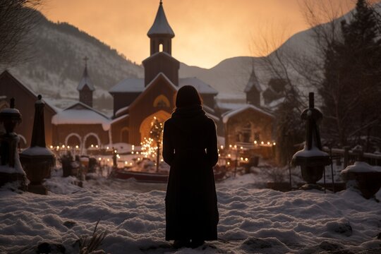A woman, silhouetted and viewed from behind, stands in solemn reverence, her hands clasped in silent prayer against a softly glowing nativity scene amidst a tranquil, snow-draped landscape