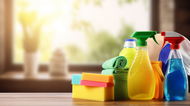 Washing products. House cleaning concept. Copy space