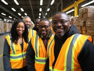 Foto op Canvas Group of happy African American warehouse employees in orange uniform vests standing together in large storage space, looking at camera, smiling, enjoying logistic labor work © Aliia
