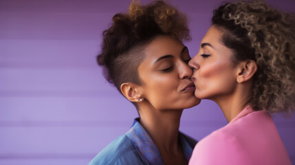 Love and kiss of lesbian couple on studio background in happy Lgbtq relationship together. Gen z women pride partner, happiness together