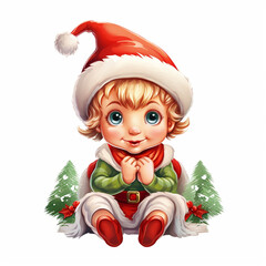 A Christmas elf in a traditional Christmas outfit on a white background. Christmas design. New Year's design - 658223866