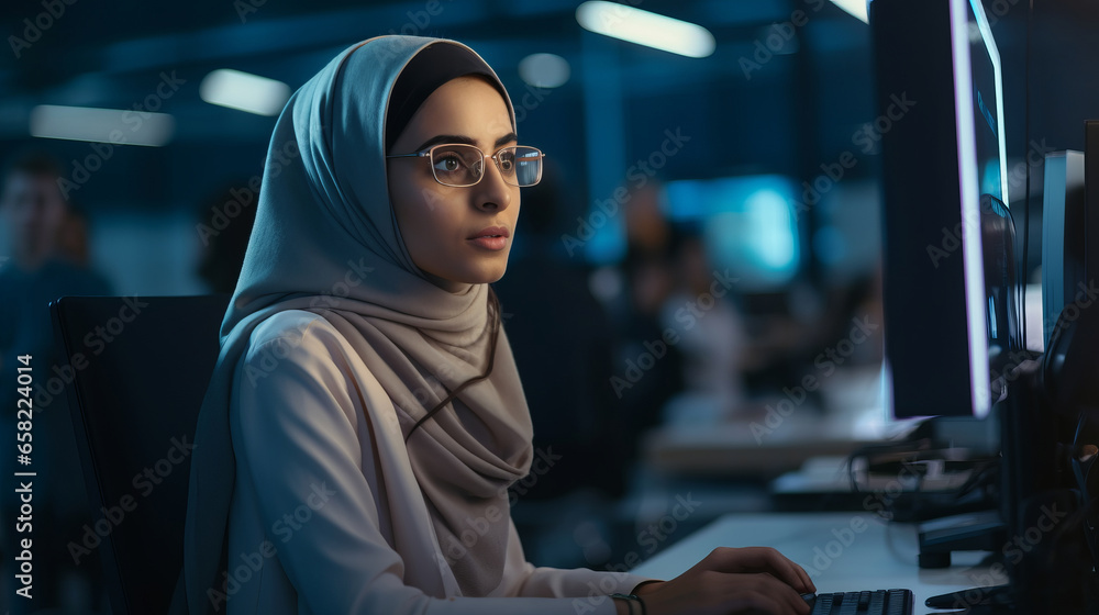 Aufkleber portrait of a thoughtful middle eastern female working writing software code on computer in a techno