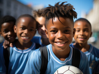 Happy African American preteen football player boy with dreads holding soccer ball, looking at camera, smiling, posing with group of teammates in background, promoting active childhood, sport, hobby 