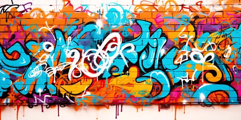 Poster colorful graffiti on building brick wall. street art paintings © ronstik
