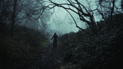a scary, haunting figure with glowing eyes. Standing in a spooky creepy forest on a moody winters...