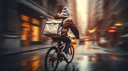 Urban Courier on the Move. A man on a bicycle with a food delivery backpack rides through the city streets