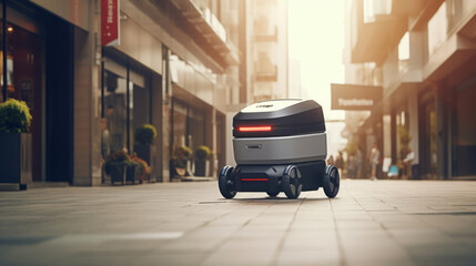 Urban Delivery Automation in Action. A small robot car drives through the streets of the city - obrazy, fototapety, plakaty