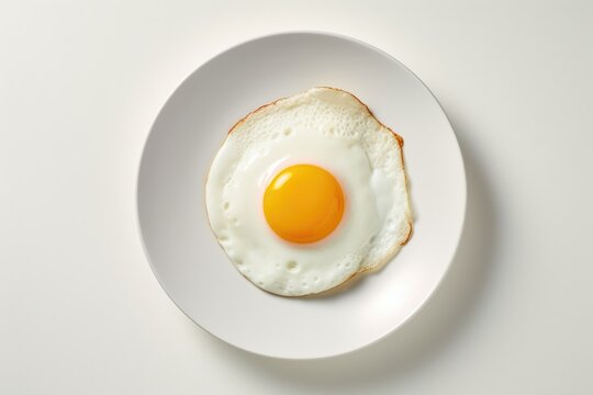 One fried egg on white plate isolated on white background, top view