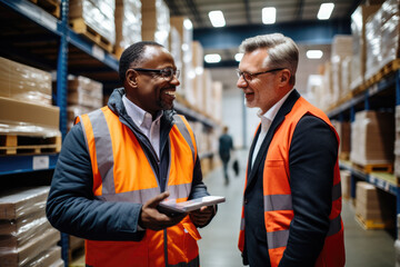 Senior boss and younger logistic employee men talking wearing uniform orange waistcoat, meeting in warehouse, talking, smiling, laughing, discussing work process, shipping