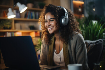 Cheerful beautiful college student girl in wire headphones talking on video call at laptop at home at night, smiling, laughing, using Internet communication, studying online - obrazy, fototapety, plakaty