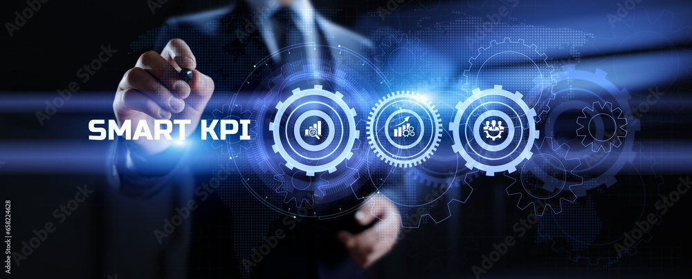 Poster smart kpi key performance indicator business technology concept on screen.