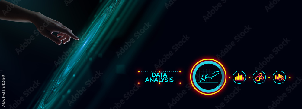 Poster data analysis analytics bi business intelligence concept. hand pressing button on screen.