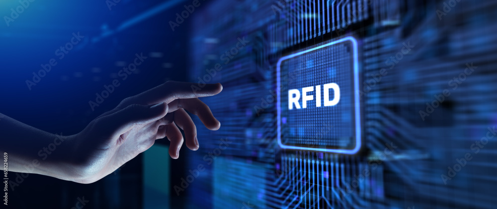 Poster rfid radio frequency identification. hands pressing button virtual screen.