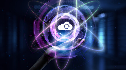 Cloud technology concept. Computing data storage. Software infrastructure. Hand pressing button.