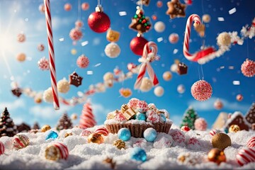 Christmas Candy Rain - Festive Snowy Winter Clouds Sky Deluge, AI Generated