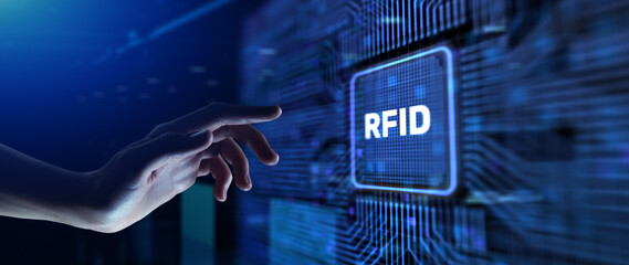 RFID Radio frequency identification. Hands pressing button virtual screen.