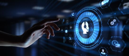 Technical support customer service guarantee quality assurance. Hand pressing button on virtual...